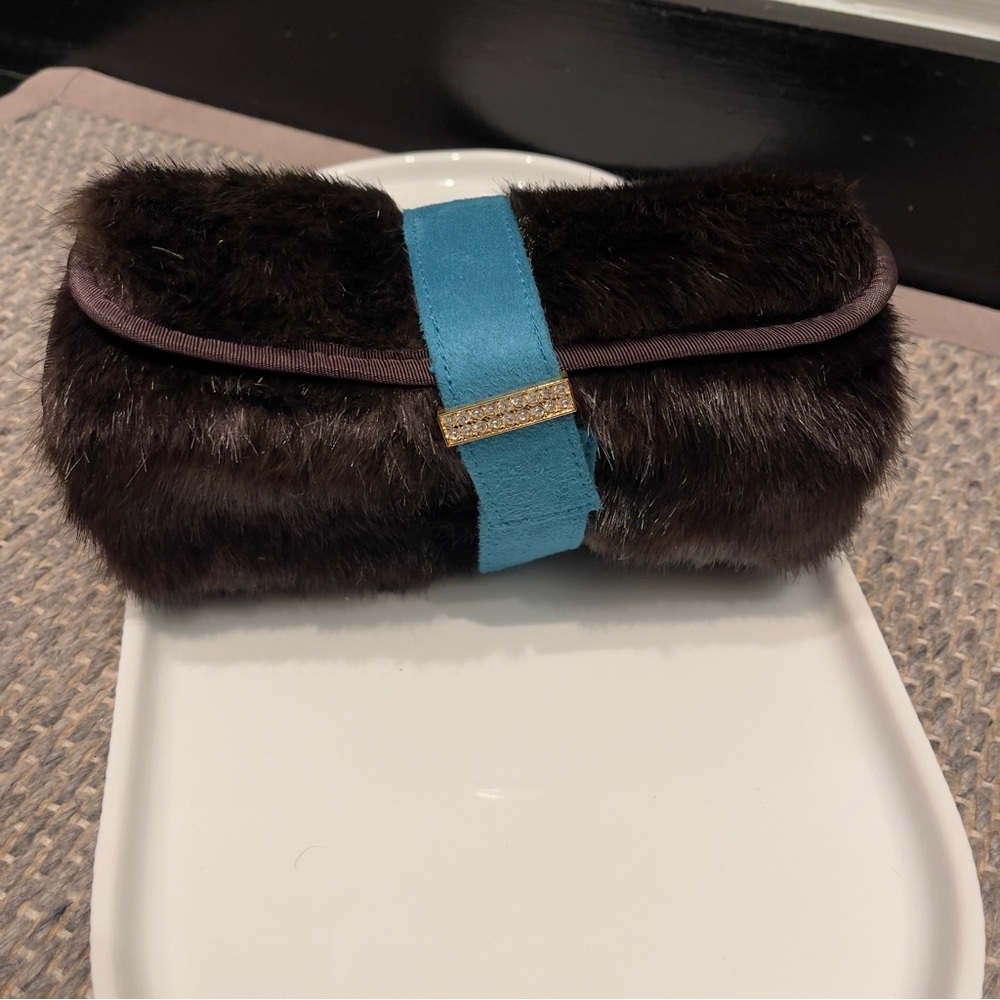 STEPHANIE JOHNSON Brown Faux Fur Roll Up Cosmetic Make Up Bag